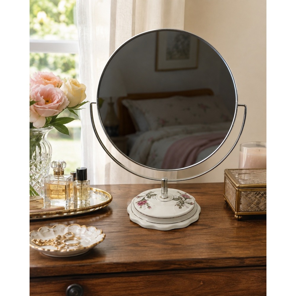 Vintage Japan Floral Vanity Mirror 10.5" Round Ceramic Rose Base Tabletop